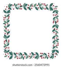 Square Frame Wreath With Beautiful Red Cherry Berries And Green Leaves