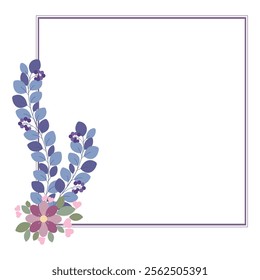 Square Frame Or Wreath Decorated With Blue Leaves And Flowers