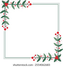 Square Frame Or Wreath Decorated With Red Cherry And Green Leaves