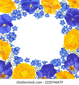 Square frame with yellow and blue vector flowers isolated on white background. Ranunculus, buttercups, Viola, Pansies and Forget-me-not detailed hand-drawn realistic flowers for your design