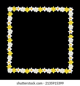 A square frame of yellow daffodil flowers with black background