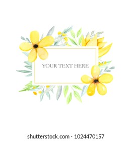 Square frame with yellow hand drawn flowers and leaves,  watercolor flowers frame, decoration text. Hand drawn illustration.