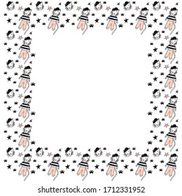 A square frame of young tigers in teenage clothes, their portraits in caps and with ruddy cheeks, stars and cats footprints on a white background. Isolated rectangular blank template for text. Vector.