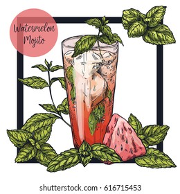Square framed card with watermelon mojito, surrounded by mint leaves, vector realistic colorful sketch illustration