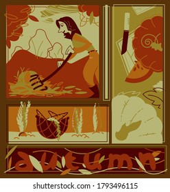 Square framed decorative elements with leaves rake, carrots, pumkins, happy people and lettering. Monochrome illustration in cartoon style and orange palette. Autumn activities card collection.