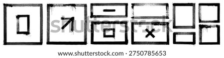 Square frames box set. Black vector grunge hand-drawn rectangles bundle with arrow, cross, zero and minus (dash) signs. Punk infographic rectangle borders. Straight marker lines. Rubber stamp outlines