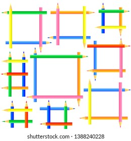 Square frames created from colored pencils. The pointed sides of colored pencils are directed in different directions. Vector illustration.