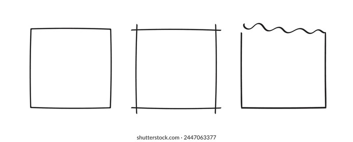 Square frames doodle set,hand-drawn monograms.Edgings and cadres with simple sketchy design elements.Isolated. Vector illustration.