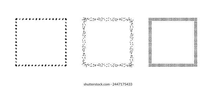 Quadratische Rahmen Doodle-Set, handgezeichnete Monogramme. Kanten und Kader mit einfachen skizzenhaften Design-Elementen. Vektorillustration.