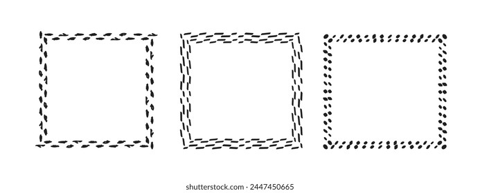 Quadratische Rahmen Doodle-Set, handgezeichnete Monogramme. Kanten und Kader mit einfachen skizzenhaften Design-Elementen. Vektorillustration.