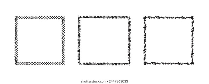 Quadratische Rahmen Doodle-Set, handgezeichnete Monogramme. Kanten und Kader mit einfachen skizzenhaften Design-Elementen. Vektorillustration.