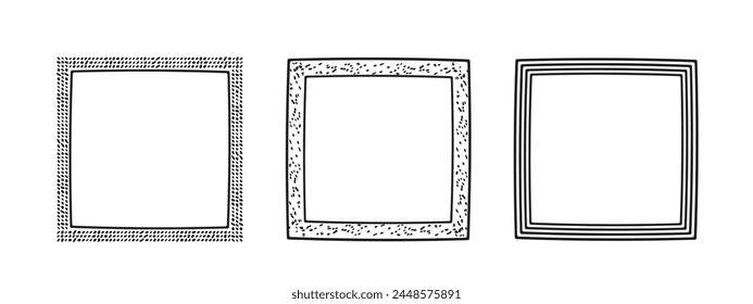 Quadratische Rahmen Doodle-Set, handgezeichnete Monogramme. Kanten und Kader mit einfachen skizzenhaften Design-Elementen. Vektorillustration.