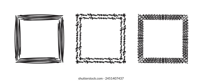 Quadratische Rahmen Doodle-Set, handgezeichnete Monogramme. Kanten und Kader mit einfachen skizzenhaften Design-Elementen. Vektorillustration.