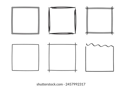 Conjunto de doodle de marcos cuadrados, monogramas dibujados a mano.Bordes y cuadros con Elementos de diseño simples y esquemáticos.Aislado. Ilustración vectorial.