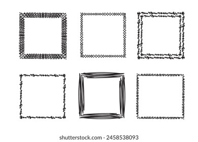 Quadratische Rahmen Doodle-Set, handgezeichnete Monogramme. Kanten und Kader mit einfachen skizzenhaften Design-Elementen. Vektorillustration.