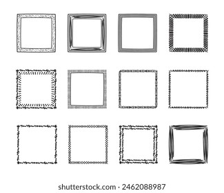 Square frames doodle set,hand-drawn monograms.Edgings and cadres with simple sketchy design elements.Isolated. Vector illustration.