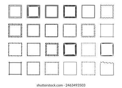 Quadratische Rahmen Doodle-Set, handgezeichnete Monogramme. Kanten und Kader mit einfachen skizzenhaften Design-Elementen. Vektorillustration.