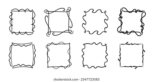 Quadratische Rahmen Doodle-Set, handgezeichnete Monogramme.Kanten und Kader mit einfachen skizzenhaften Designelementen.Einzeln. Vektorgrafik.