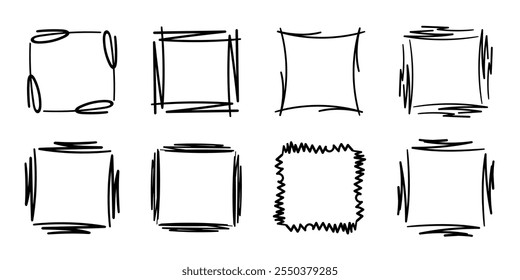 Quadratische Rahmen Doodle-Set, handgezeichnete Monogramme.Kanten und Kader mit einfachen skizzenhaften Designelementen.Einzeln. Vektorgrafik.