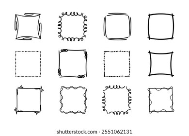 Quadratische Rahmen Doodle-Set, handgezeichnete Monogramme.Kanten und Kader mit einfachen skizzenhaften Designelementen.Einzeln. Vektorgrafik.