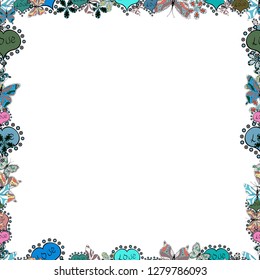 Square frames doodles. Illustration in black, blue and white colors. Seamless pattern. Vector illustration.