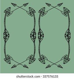 Square frames of ethnic arrows. Hand-drawn black arrows on the light green background. There is a place for your text in the center. Vector illustration.