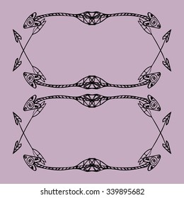 Square frames of ethnic arrows. Hand-drawn black arrows on the light purple background. There is a place for your text in the center. Vector illustration.