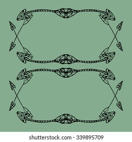 Square frames of ethnic arrows. Hand-drawn black arrows on the light green background. There is a place for your text in the center. Vector illustration.