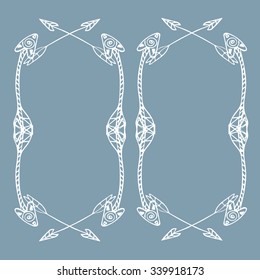 Square frames of ethnic arrows. Hand-drawn white arrows on the light blue background. There is a place for your text in the center. Vector illustration.