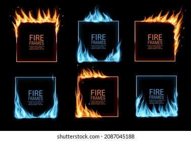Square frames with gas and fire flames, borders of hot burning red blaze, vector. Fire frames and border of igniting light flares and fiery heat, realistic burnt edges with flaming glow