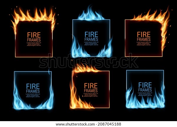 Square\
frames with gas and fire flames, borders of hot burning red blaze,\
vector. Fire frames and border of igniting light flares and fiery\
heat, realistic burnt edges with flaming\
glow