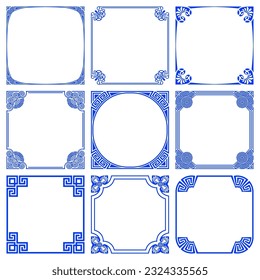 Square frames, geometric antique traditional Greek ornament. Elegant isolated blue borders. Meander patterns for greeting card, certificate. Text decoration in old Hellenic style. Vector illustration