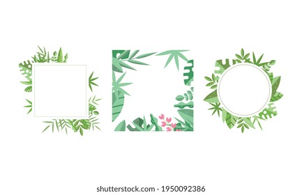 Square Frames with Green Leaves Around Border Vector Set