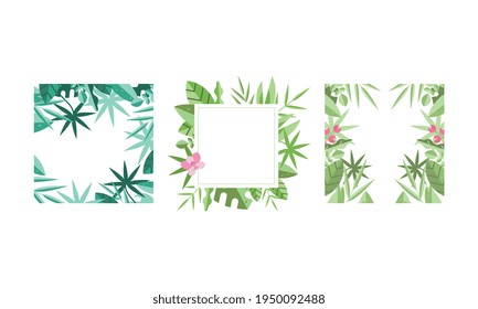 Square Frames with Green Leaves Around Border Vector Set