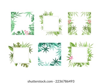 Square Frames with Green Leaves Around Border Vector Set