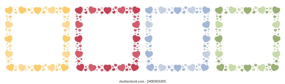 Square frames with hearts for photos in 4 colors. Celebrating Valentine's Day. Vector illustration isolated on transparent background