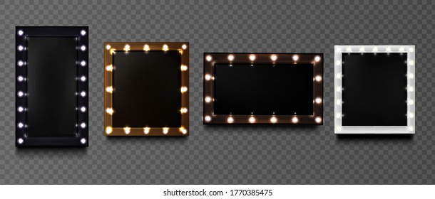 Square frames with light bulbs on black board isolated on transparent background. Vector realistic mockup of rectangular makeup mirror with golden, silver, black and brown borders