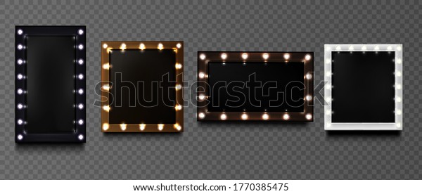 Square\
frames with light bulbs on black board isolated on transparent\
background. Vector realistic mockup of rectangular makeup mirror\
with golden, silver, black and brown\
borders
