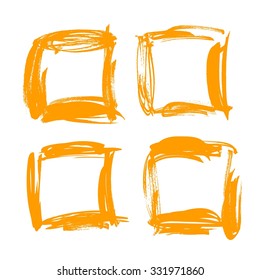 Square frames from orange strokes of paint on white background