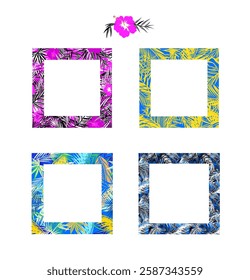 Square frames set for discount fashion labels, sale tag, book title, menu and hotel signboard or photo frame with fun-leaved palms and hibiscus flower. Part 5