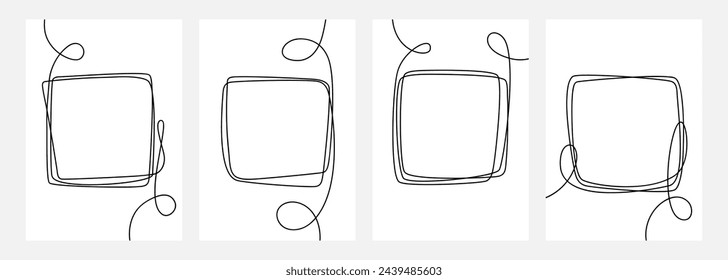 Square frames set. Line art. Continuous black line. Hand drawn sketch outlines. Vector illustration.