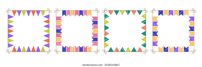 Square frames set made from holiday garlands with different patterns. Border with colofrul bunting and flags. Template for banner, greeting card. Vector flat illustration isolated on white background