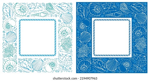 Square frames set with various hand drawn tropical seashell, starfish, coral and sea stone. Plain and elegance colored patterns. Vector illustration