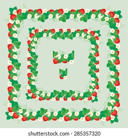 Square frames with Strawberries, flowers and leaves isolated on gray background. Repeated element for seamless ornament.