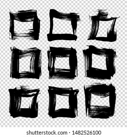 Square frames from textured brushstrokes abstract isolated on imitation transparent background