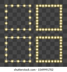Square frames with yellow lamp garlands. Set of isolated vector objects. Decoration elements for cards, banners, posters, invitations