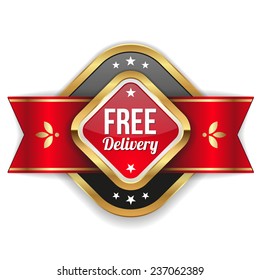 Square free delivery badge with red ribbon and gold border on white background