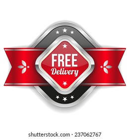 Square free delivery badge with red ribbon on white background