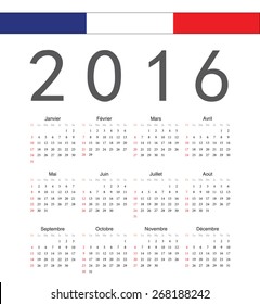 Square french 2016 year vector calendar. Week starts from Sunday.