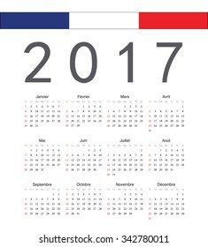 Square french 2017 year vector calendar. Week starts from Sunday.